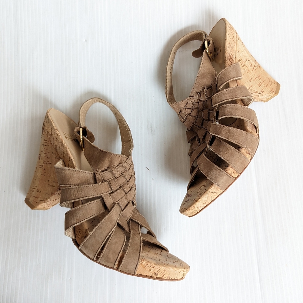 STUART WEITZMAN Tan Suede Woven Strappy Slingback Cork Heel Sandals Size 9.5